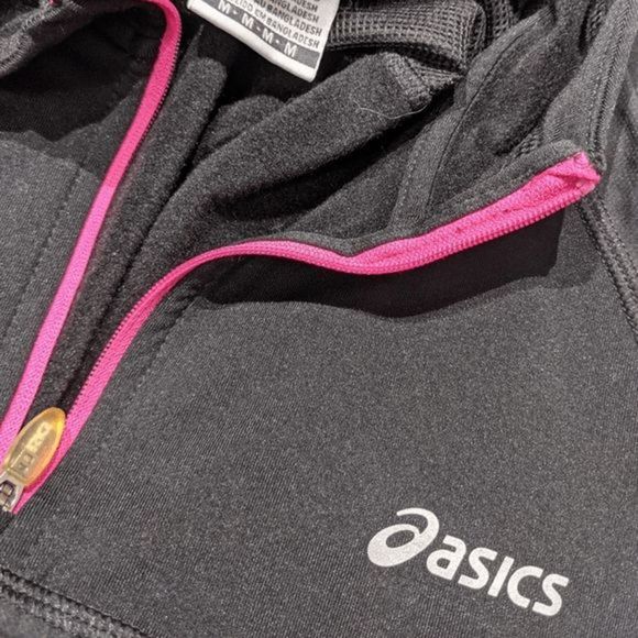 Women's ASICS Long Sleeve 1/4 Zip Top Black Pink Medium Hooded Heat Gear Running - Picture 2 of 5